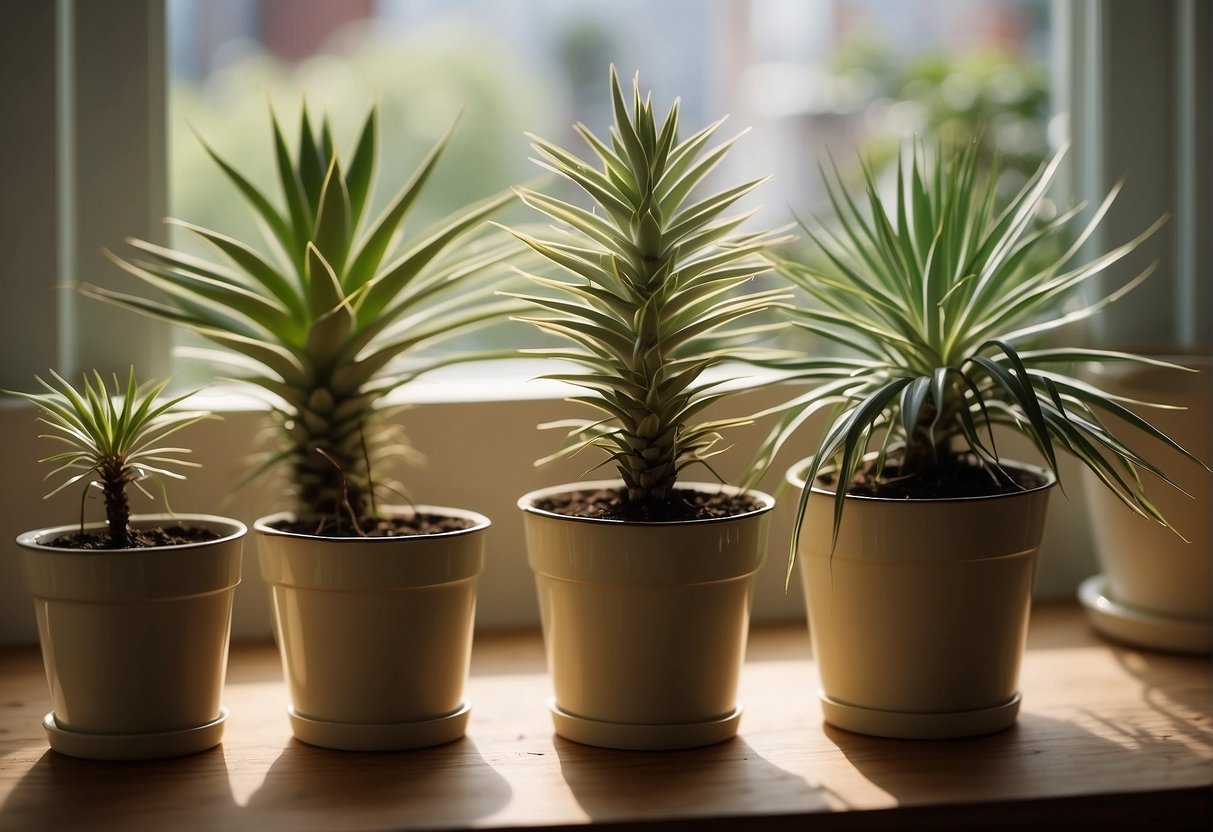 Yucca cuttings in water, soil, and pots. New roots forming, leaves growing. Bright, sunny window. Watering can nearby