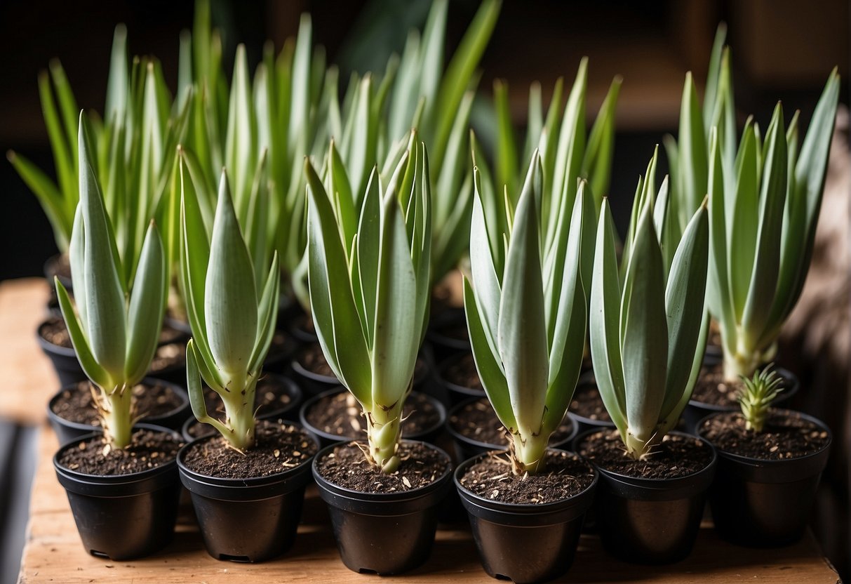 Yucca plants in various stages of propagation: cuttings, offsets, or seeds, with clear labels and arrows showing the process