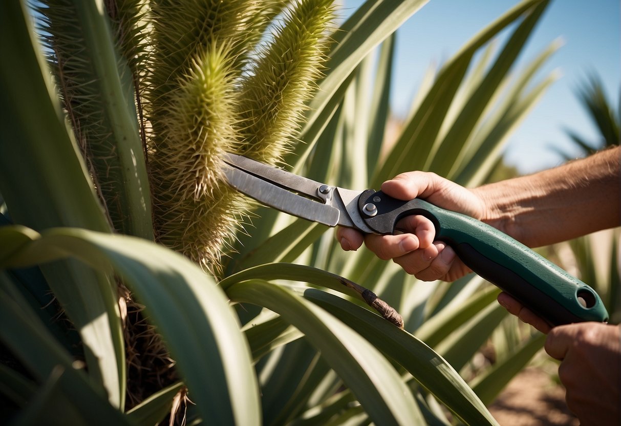 Yucca plants being trimmed with pruning shears in a sunny outdoor setting