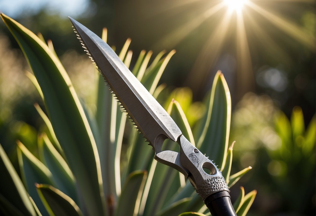 A pair of gardening shears trims the tall, spiky leaves of an outdoor yucca plant in a sunny garden