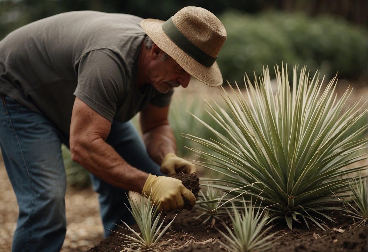 A gardener carefully digs up a mature yucca plant from its original location and gently transfers it to a new spot in the garden