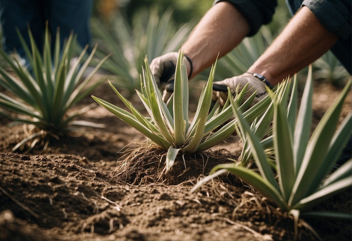 A yucca plant being carefully uprooted and transferred to a new location by a gardener