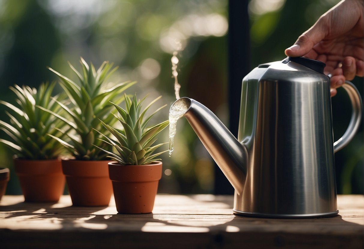 A hand pours yucca extract into a watering can. A potted plant sits nearby, ready to receive the nourishing liquid