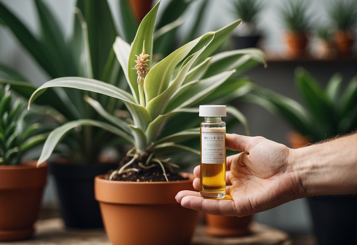A hand holding a bottle of yucca extract, pouring it onto the base of a potted plant. The plant is thriving, with lush green leaves and vibrant flowers