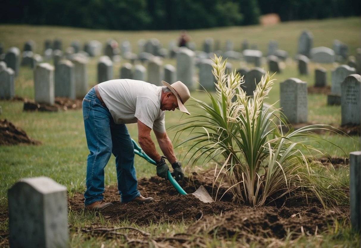 Yucca plants being removed from cemetery in WV. Shovels dig up roots, workers carry away plants