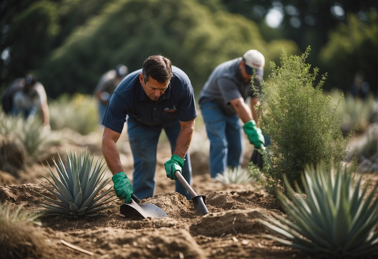 A cemetery with overgrown yucca plants being removed by workers using shovels and gloves