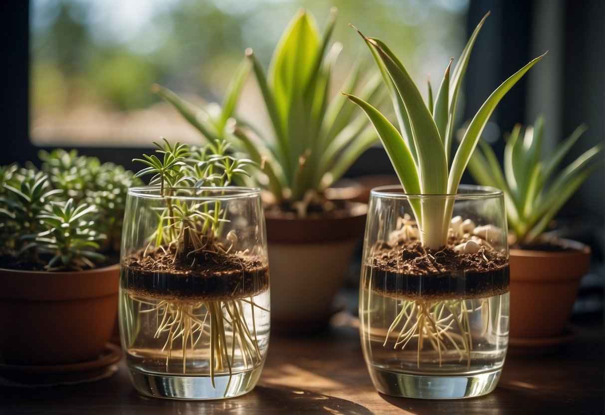 Yucca plant cuttings in a glass of water, roots emerging, new growth sprouting from the top, surrounded by pots, soil, and gardening tools
