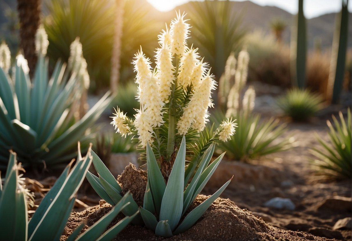 Yucca plants surrounded by different types of fertilizer, with labels indicating their specific nutrients and benefits