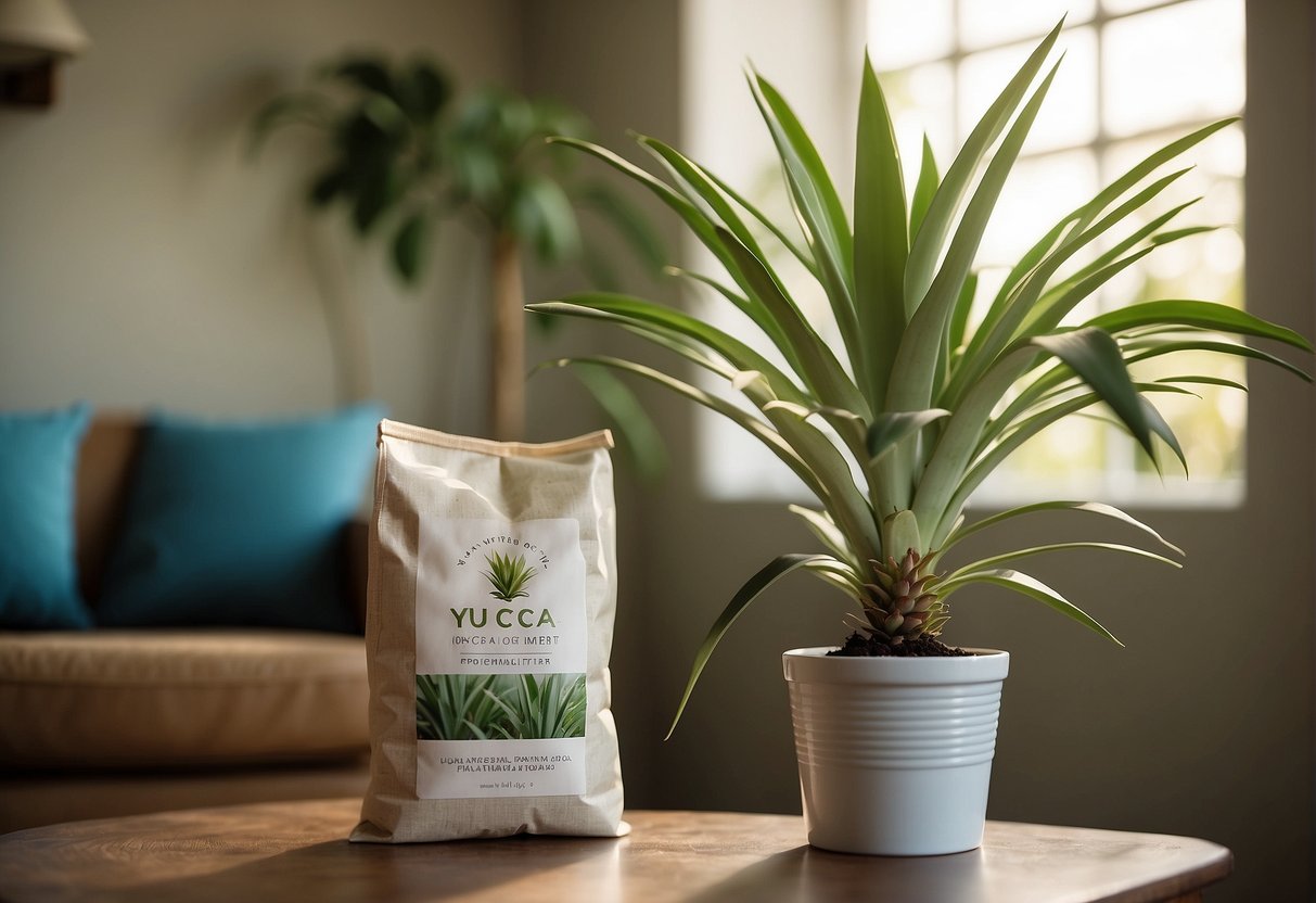 A bag of fertilizer labeled "Yucca Plant Fertilizer" sits next to a thriving yucca plant in a sunny corner of a room