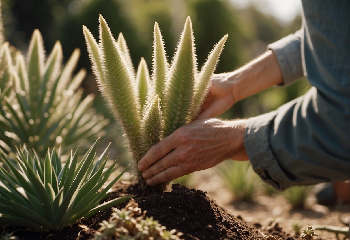 A yucca plant with tall, flowering stalks in a sunny garden. A gardener gently removes the spent flowers and carefully digs up the plant for replanting