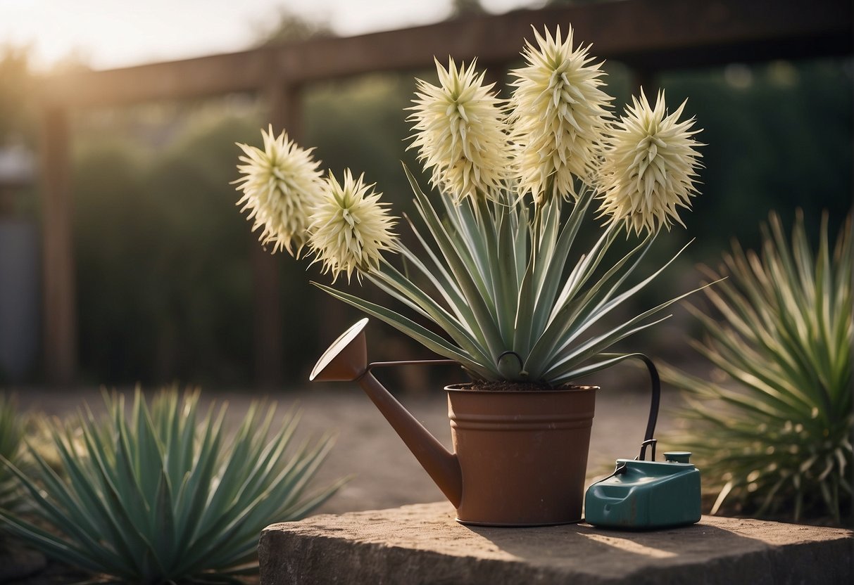 A yucca plant with wilted flowers, surrounded by a watering can, pruning shears, and a bag of fertilizer