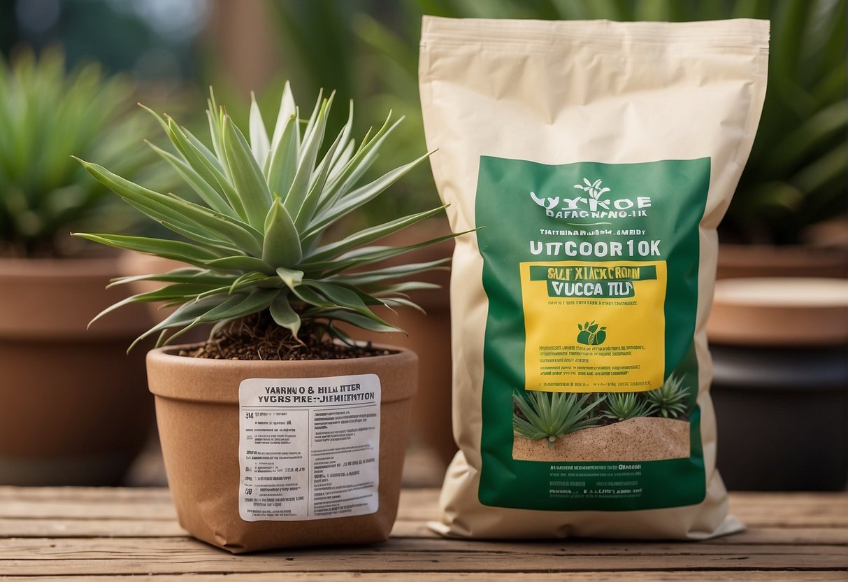 A bag of yucca plant fertilizer sits next to a potted yucca. The label shows instructions and a picture of a healthy yucca plant