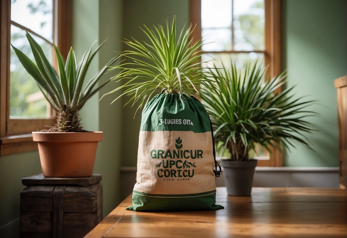 A bag of granular fertilizer sits next to a healthy yucca plant in a sunny corner of a room. The plant's vibrant green leaves and sturdy stem indicate proper care and maintenance