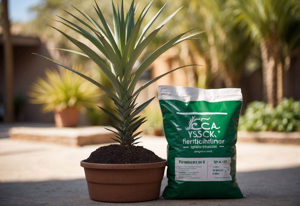 A bag of fertilizer labeled for yucca plants sits next to a potted yucca. The plant is healthy and vibrant, with tall, sword-shaped leaves reaching towards the sunlight