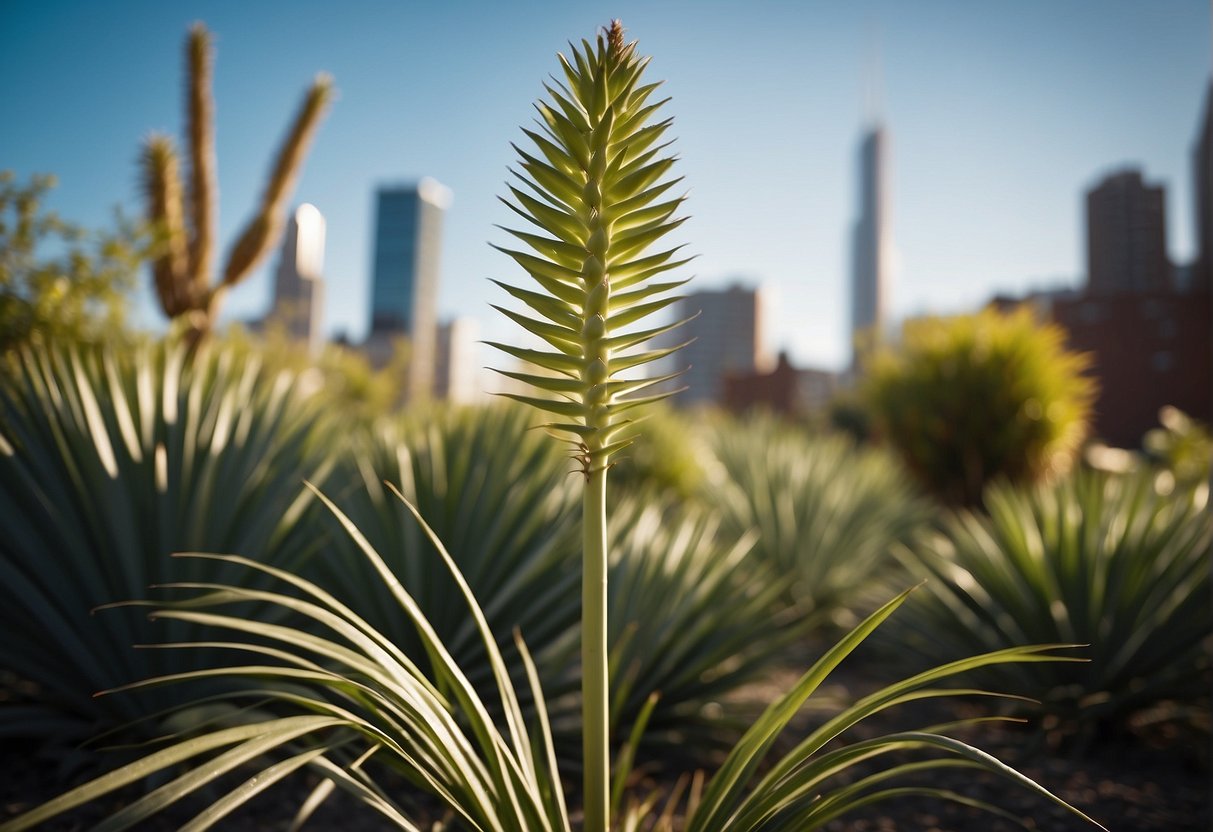 A yucca plant thrives in a Chicago garden, its long, sword-like leaves reaching towards the sky, surrounded by other native flora
