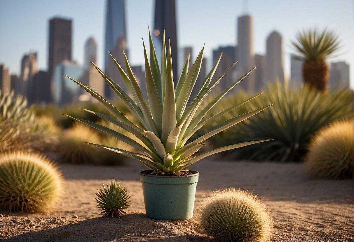 A yucca plant stands tall in a Chicago garden, surrounded by other desert plants. The sun shines down on its spiky leaves, and the city skyline looms in the background