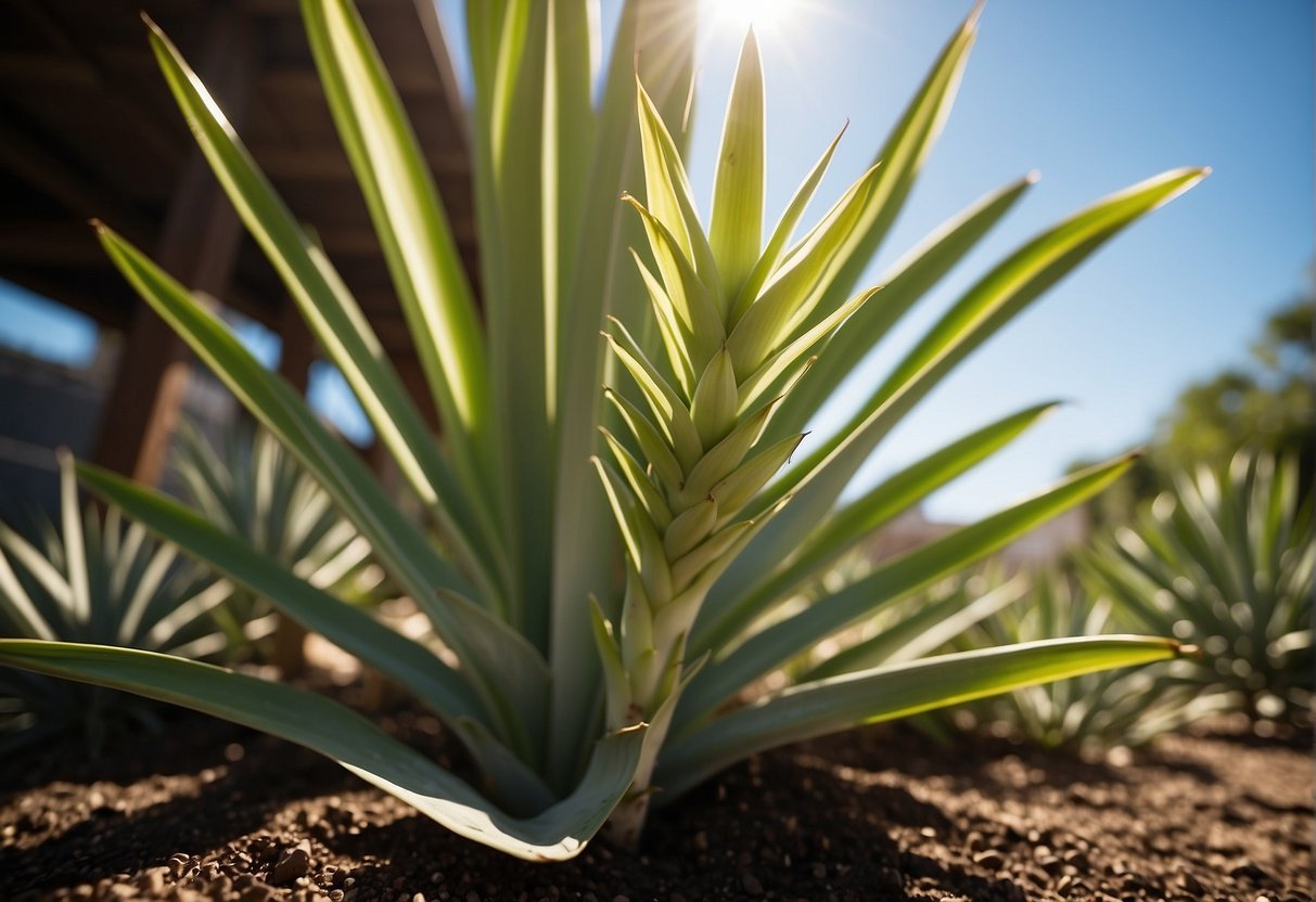 A healthy yucca plant thrives in a sunny Chicago area, surrounded by well-draining soil and receiving regular watering and occasional fertilization for longevity
