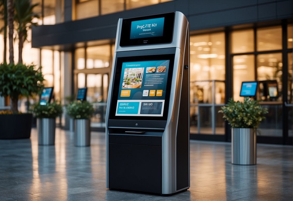 A modern self-service kiosk surrounded by advanced technology, with a sleek interface and multiple options for customers to access