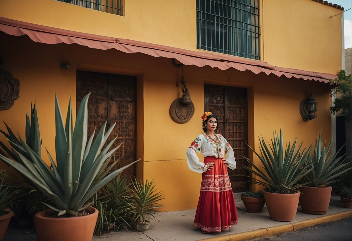 A vibrant Mexican restaurant with yucca plants adorning the walls, symbolizing resilience and strength. A mural of a woman in traditional attire, representing the cultural significance of femininity and heritage