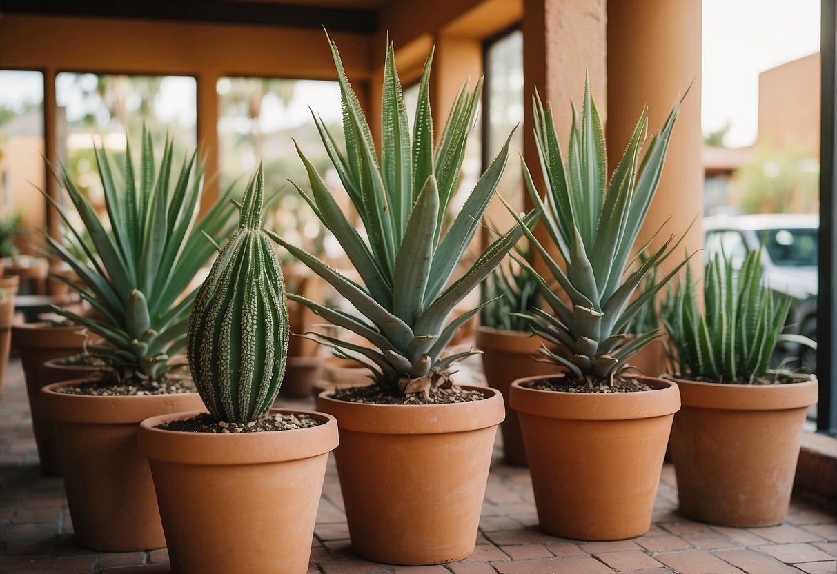 Lush yucca plants in terra cotta pots adorn a sunlit Mexican restaurant with vibrant colors and warm ambiance