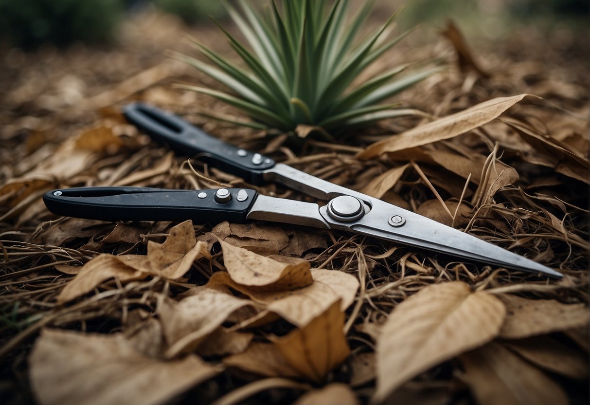 A pair of gardening shears cutting away dead leaves from a yucca plant, with a pile of discarded foliage nearby