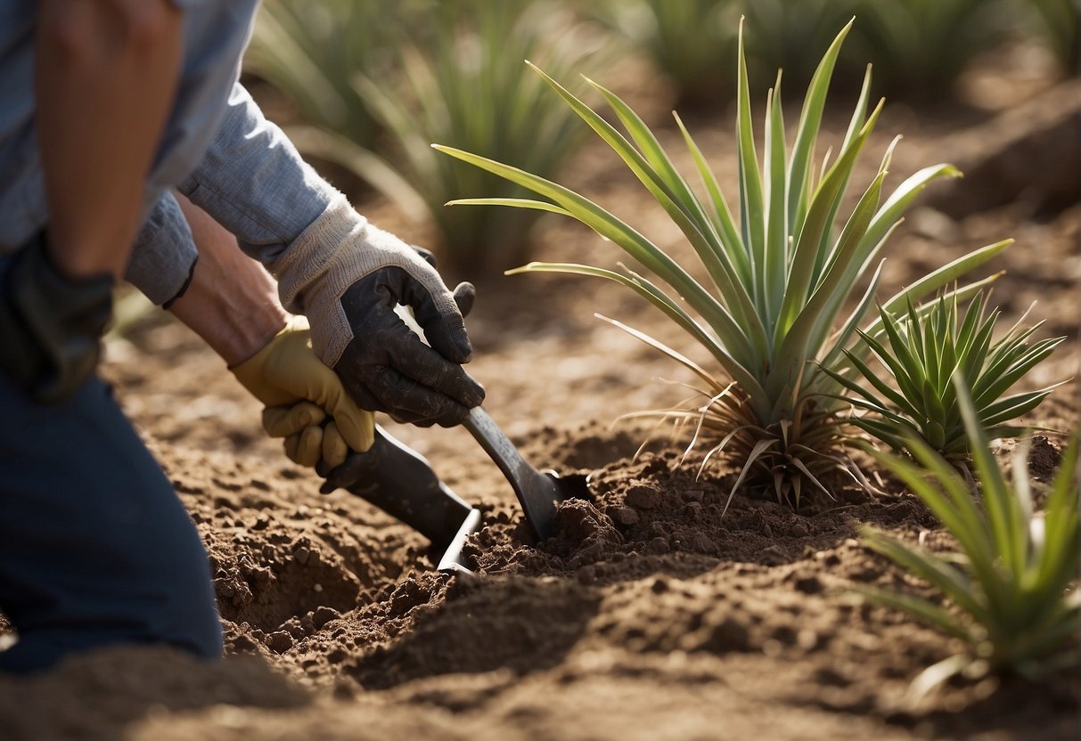 A person digs around the base of a yucca plant, loosening the soil. They then use a shovel to carefully lift and remove the plant, taking care to avoid the sharp leaves