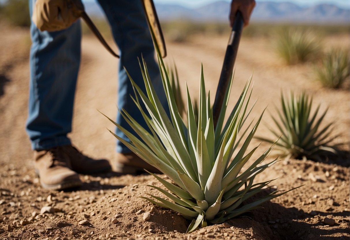Yucca plants being dug out of dry Arizona soil with a shovel