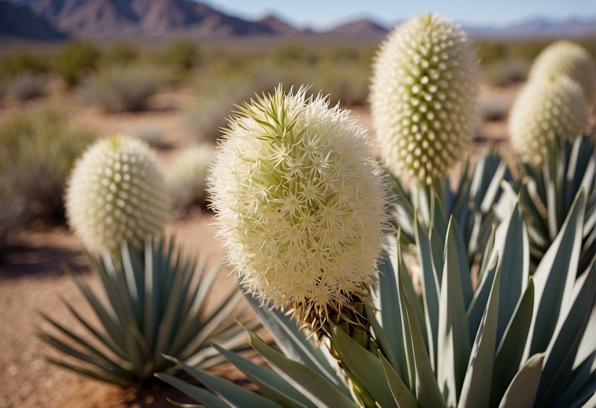 Yucca plants bloom in the Arizona desert under a clear blue sky