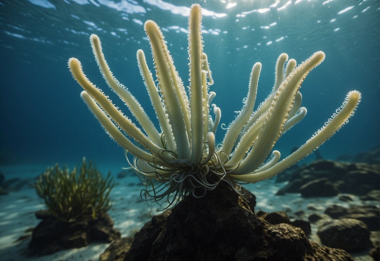 Yucca-like octopus plants sway in the ocean current, their long, thin tendrils undulating gracefully as they float through the water