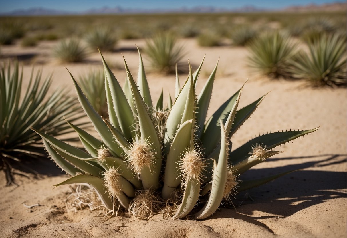 Yucca-like octopus plants thrive in dry, sandy soil. Their long, spiky leaves twist and curl, blending seamlessly with the desert landscape