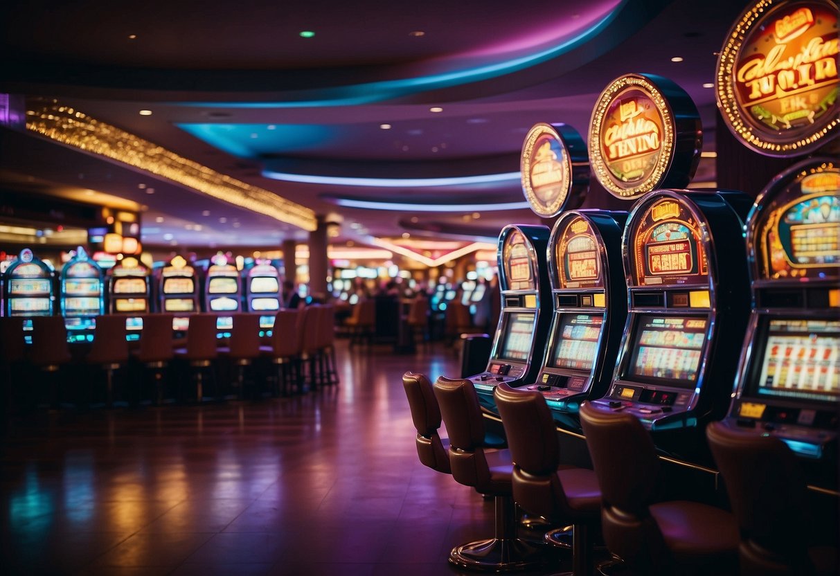 A vibrant, neon-lit casino online with flashing lights and slot machines, surrounded by a bustling virtual crowd
