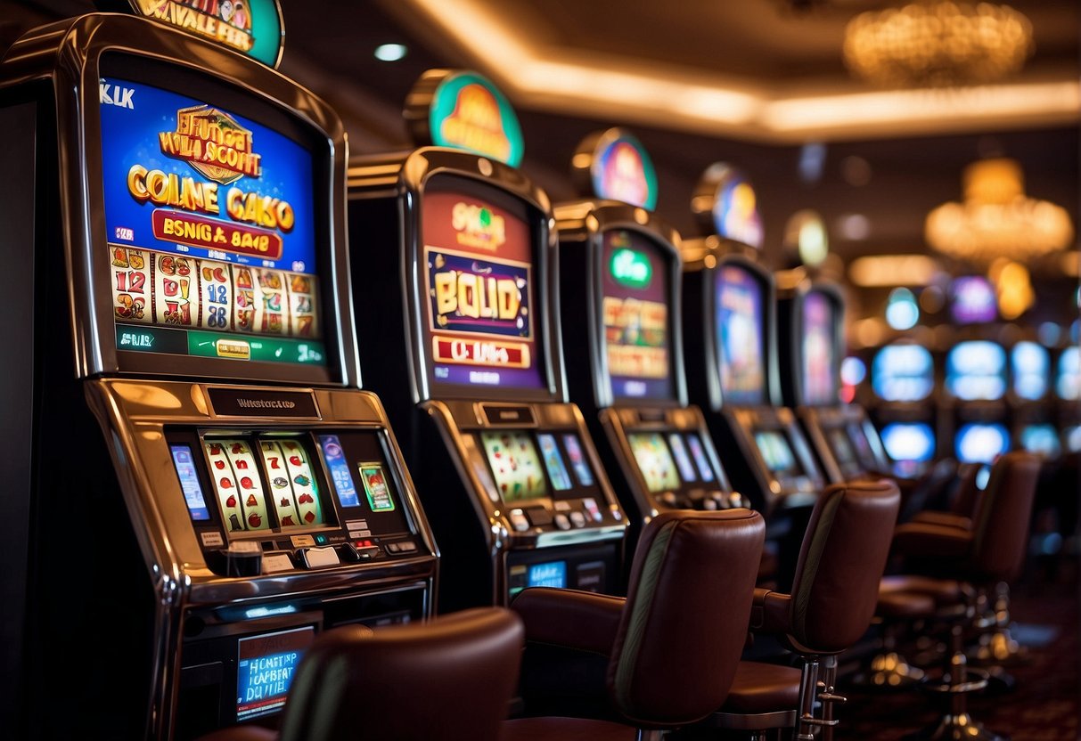 The online casino's homepage displays a colorful interface with slot machines and card tables, accompanied by the sound of a cheerful ding ding dong
