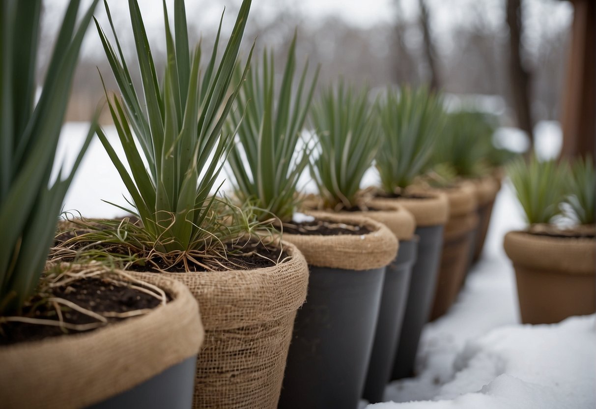 Yucca plants in pots placed in a sheltered area, covered with mulch and burlap to protect from frost and snow during winter