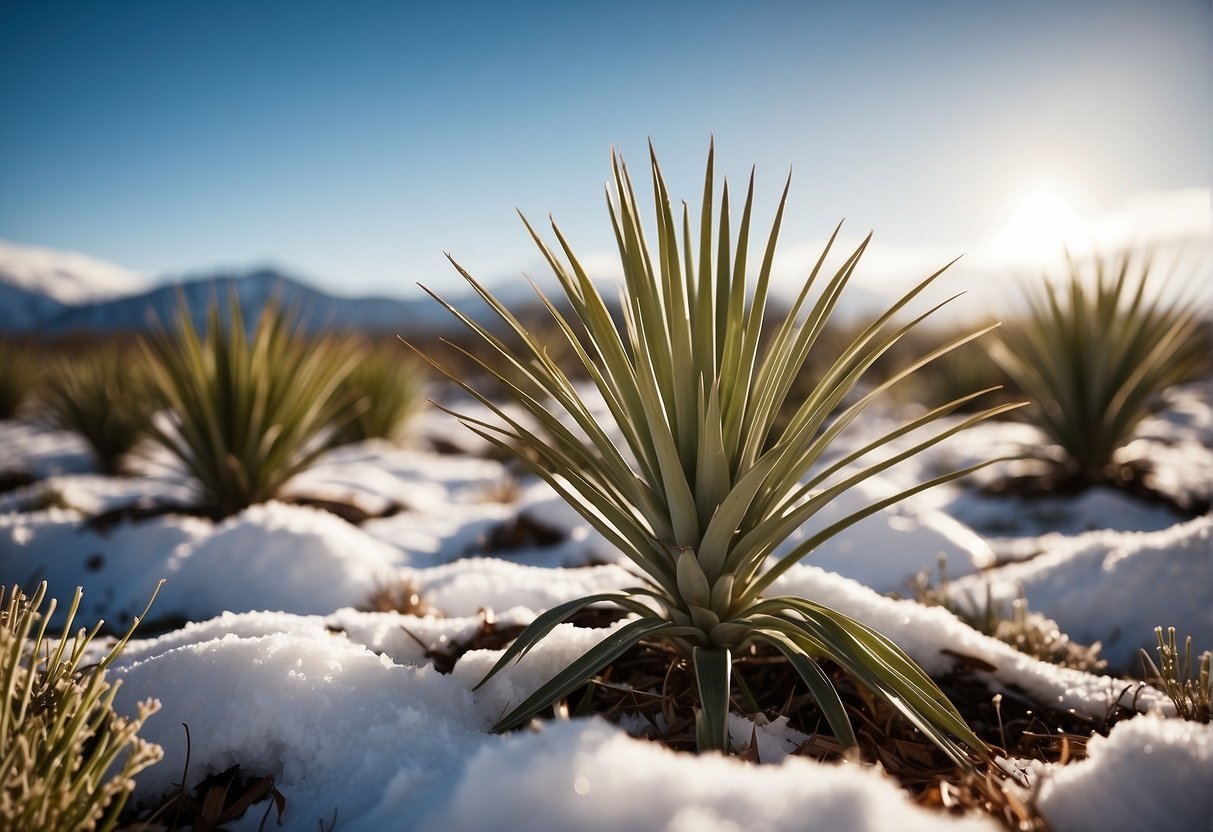 A yucca plant surrounded by protective mulch, with a layer of snow on top, against a backdrop of a cold winter landscape