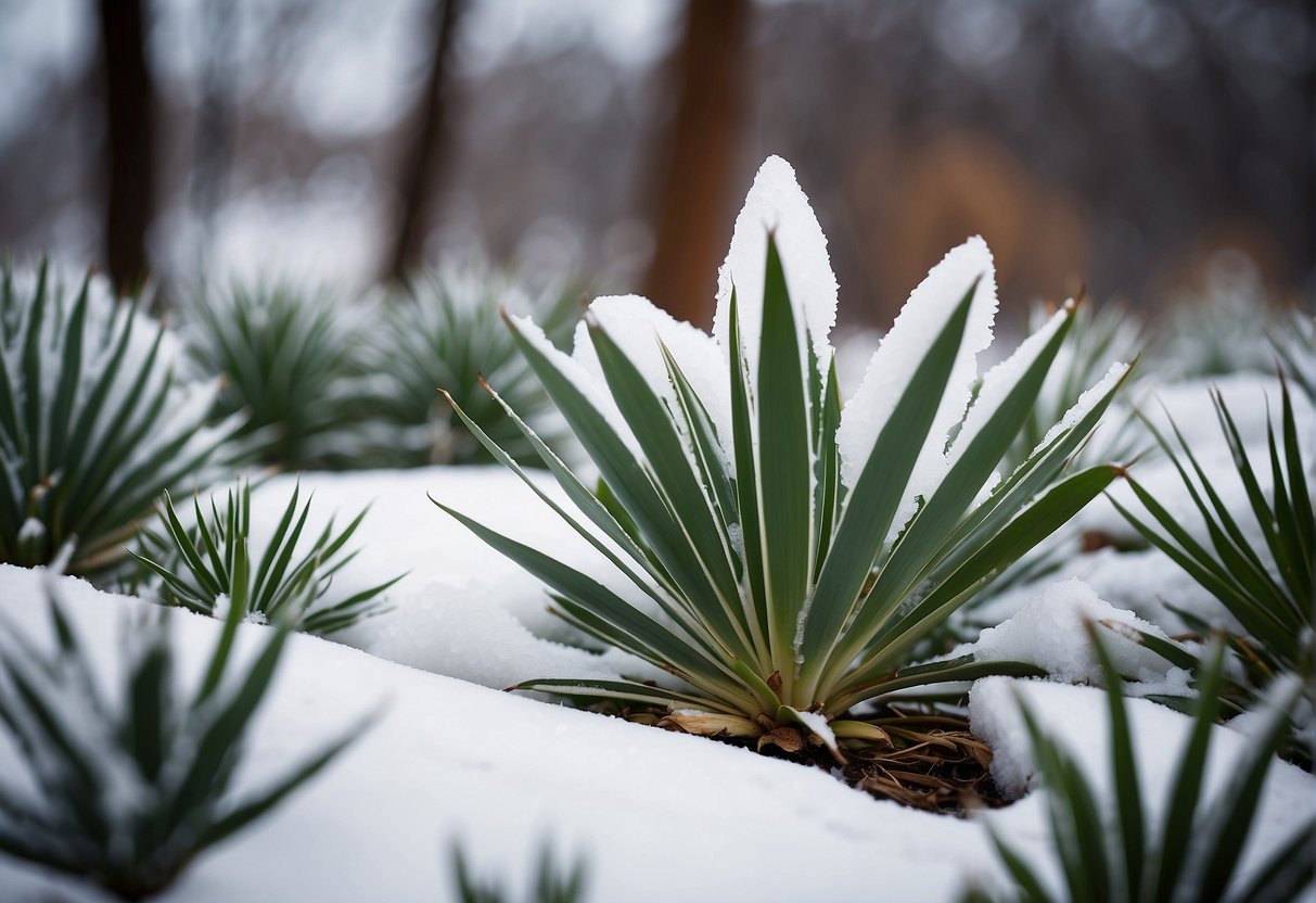 A yucca plant surrounded by snow, with a protective covering or mulch to shield it from the cold