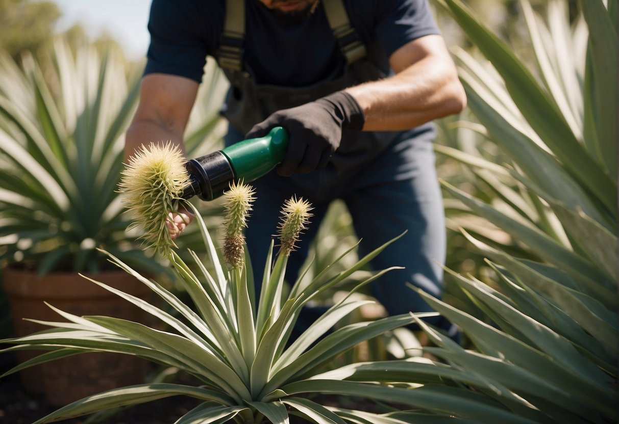A gardener pours a targeted herbicide on the yucca plant, carefully avoiding contact with surrounding plants
