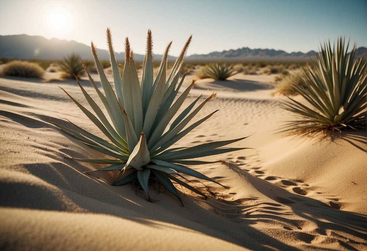 A desert landscape with yucca plants scattered across the sandy terrain, under a bright, cloudless sky