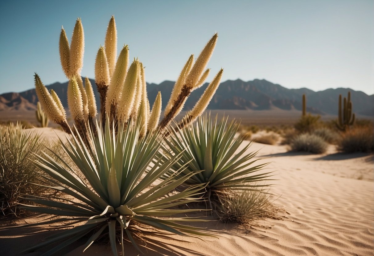 Yucca plants thrive in the arid desert, their long, sword-like leaves reaching towards the sun. Sand dunes and rocky terrain provide the perfect backdrop for these hardy, resilient plants to flourish