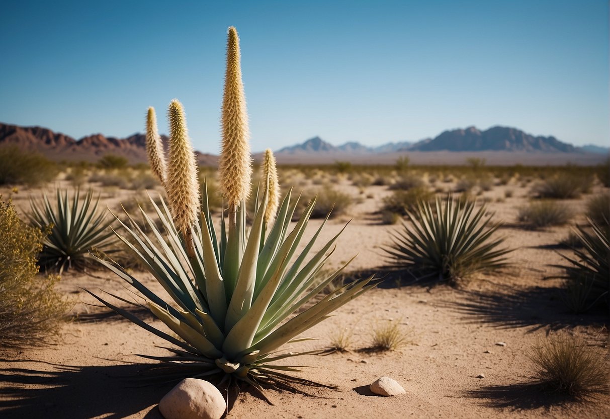 A desert landscape with a yucca plant surrounded by other desert vegetation, under a clear blue sky