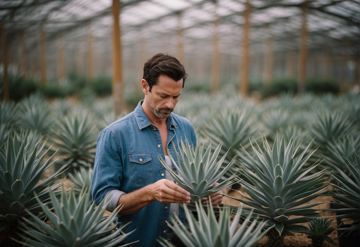 A customer carefully selects a vibrant blue yucca plant at a South Jersey nursery, surrounded by rows of various succulents and cacti