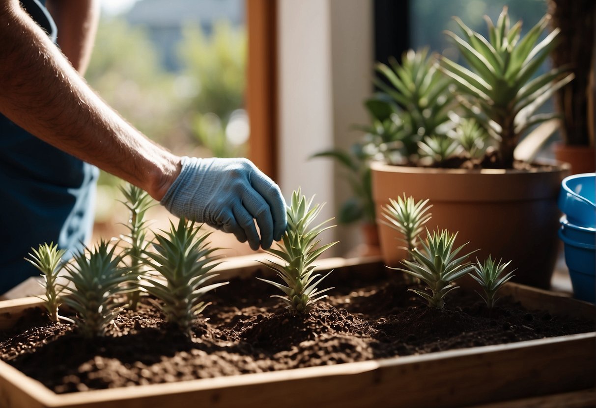 Hands gently placing blue yucca plant into soil, surrounded by gardening tools and bags of soil. Sunlight streaming in through the window