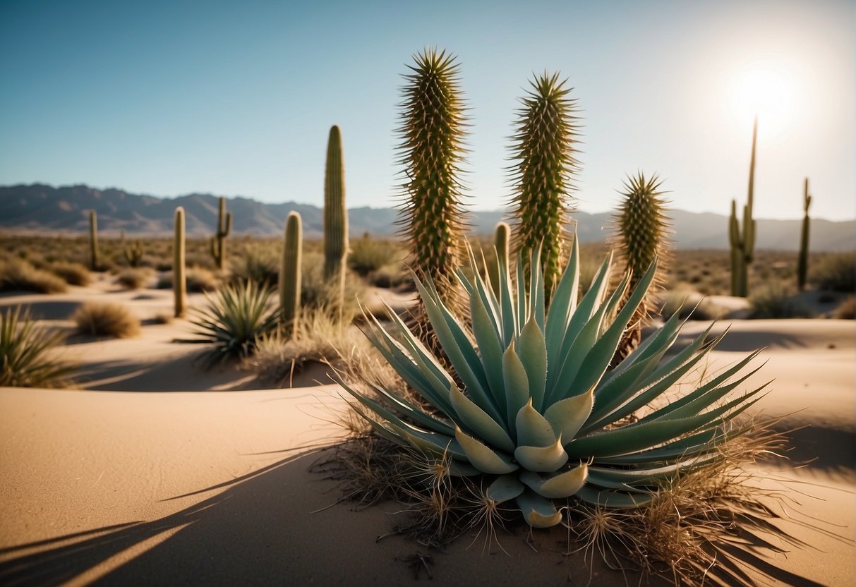 A desert landscape with yucca plants standing tall among other succulents and cacti. Sand dunes in the background