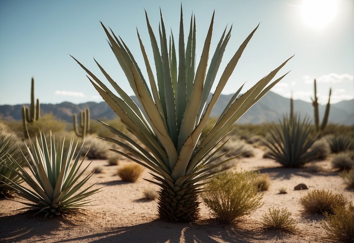 A desert landscape with yucca plants standing tall, their long, sword-like leaves reaching towards the sky. Other similar plants like agave and aloe surround them