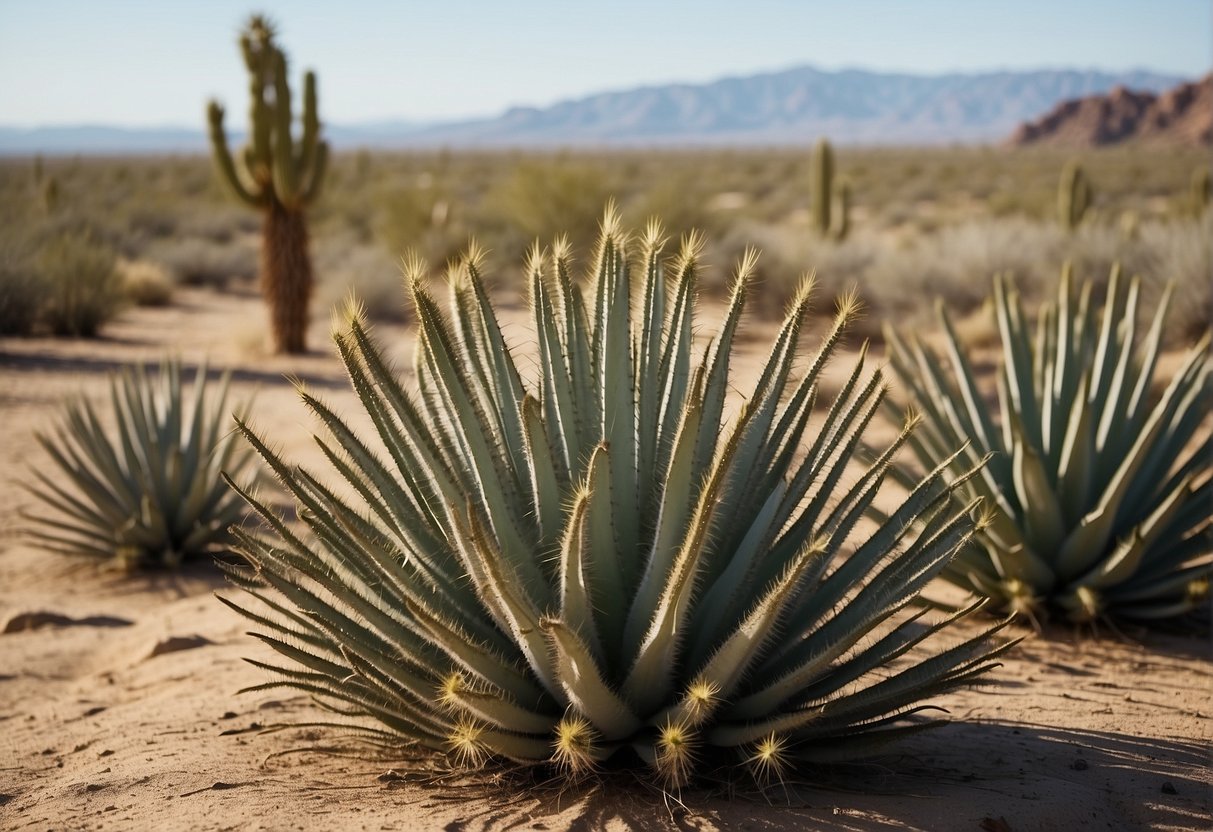 A desert landscape with tall, spiky plants like yucca, surrounded by other drought-resistant flora