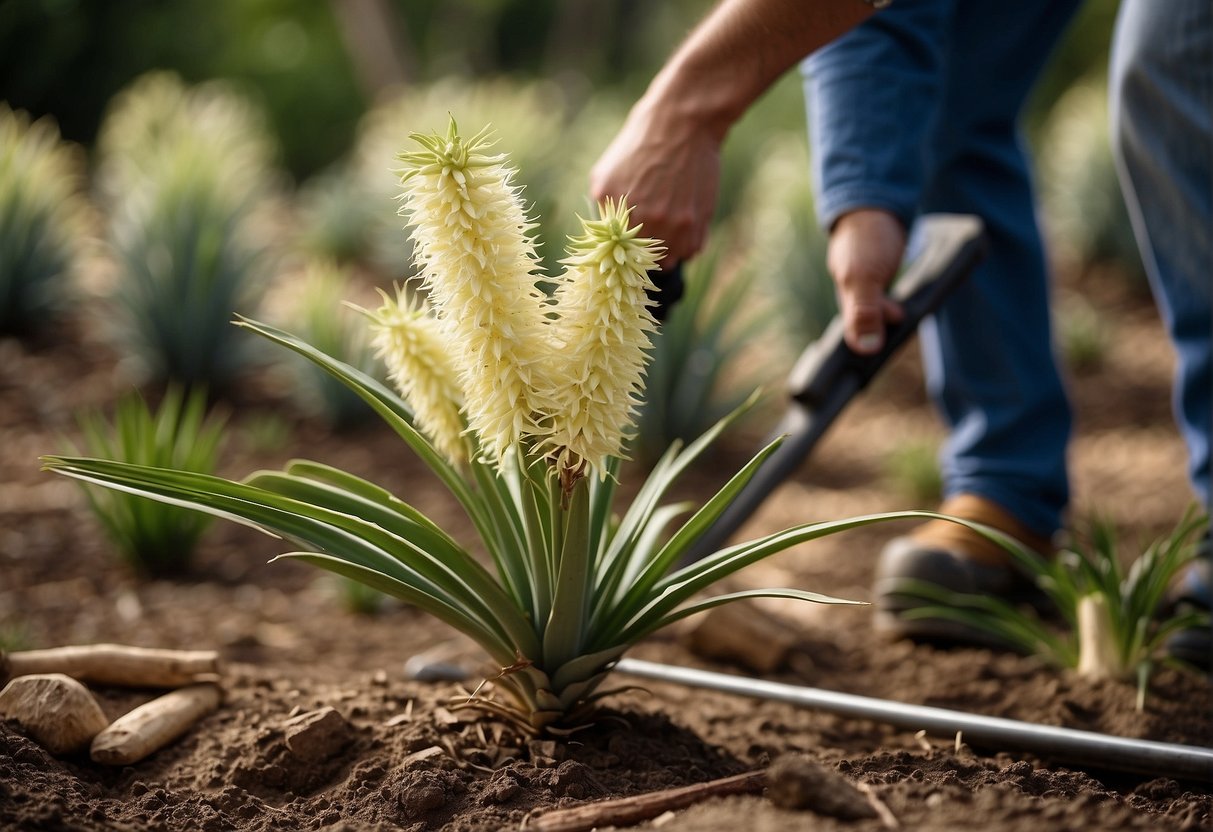 Yucca plants being lifted and separated with garden tools