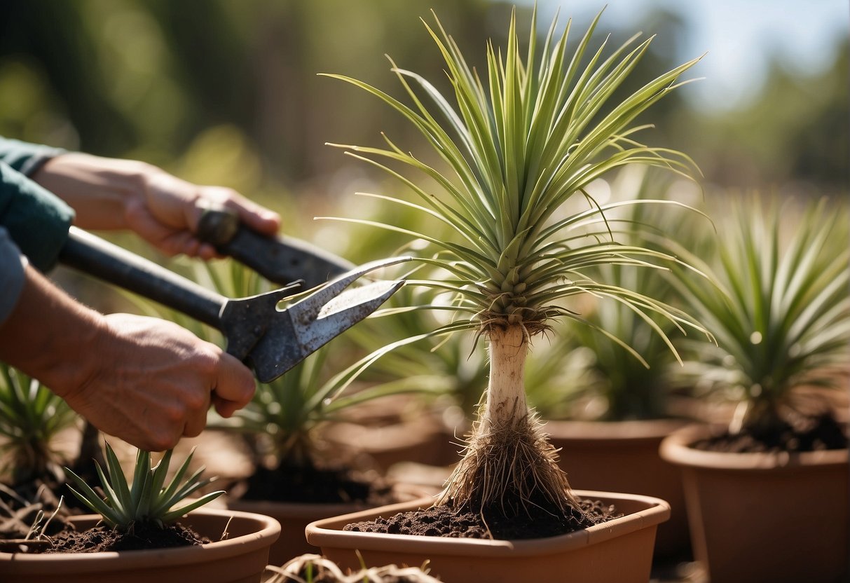 Yucca plants being lifted and separated, with roots visible. New shoots emerging from the base. Bright sunlight and garden tools nearby