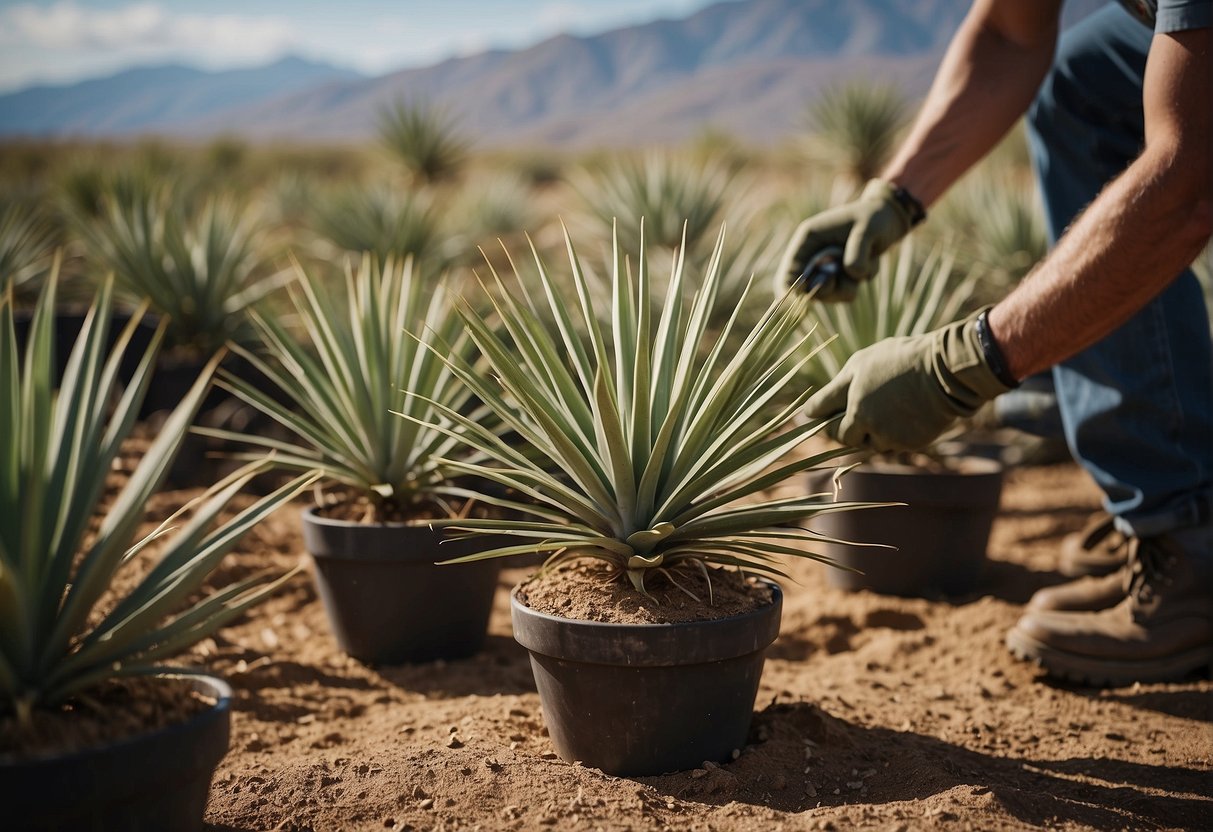 Yucca plants being lifted and separated, with tools and pots nearby