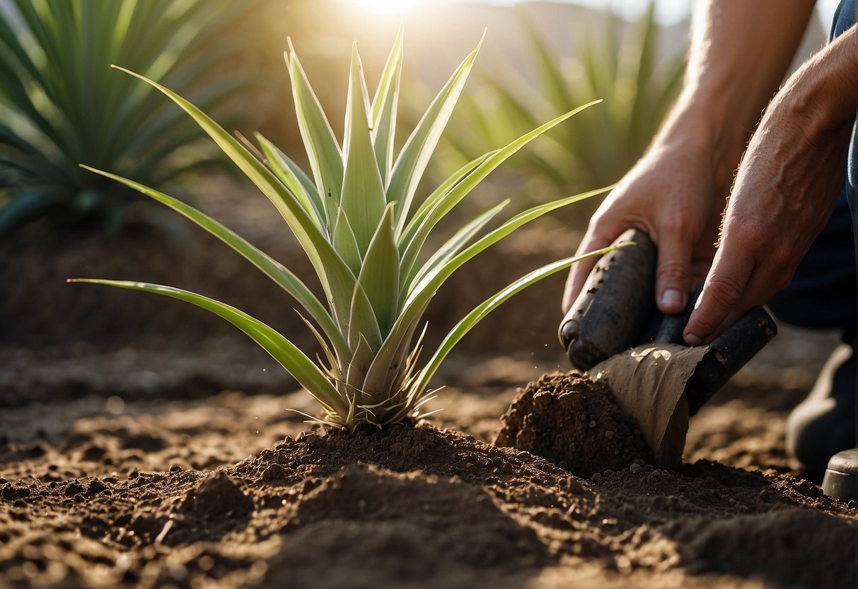 Yucca plant being placed in well-drained soil, with adequate sunlight and occasional watering