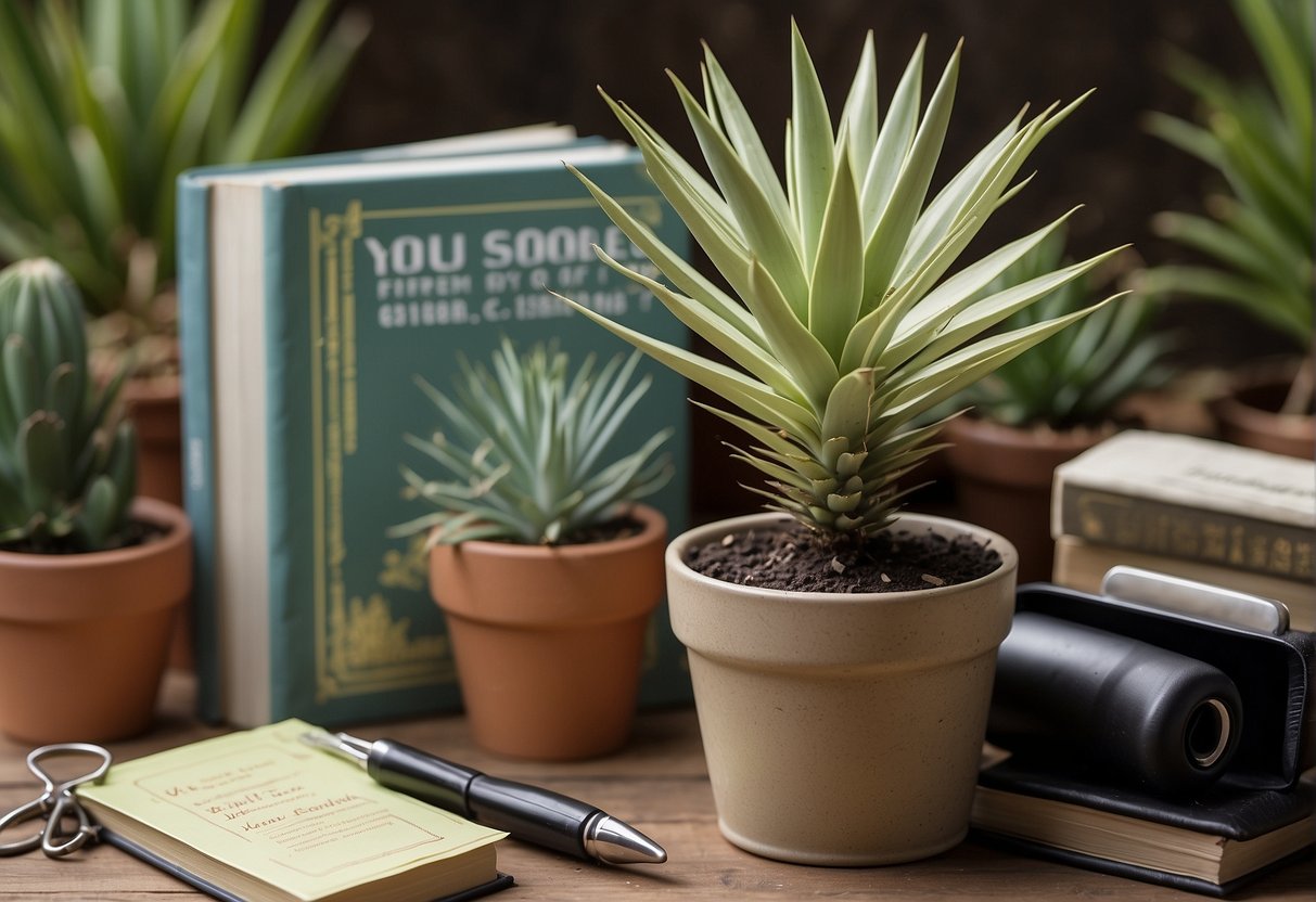 A yucca plant surrounded by gardening tools and a care guide book