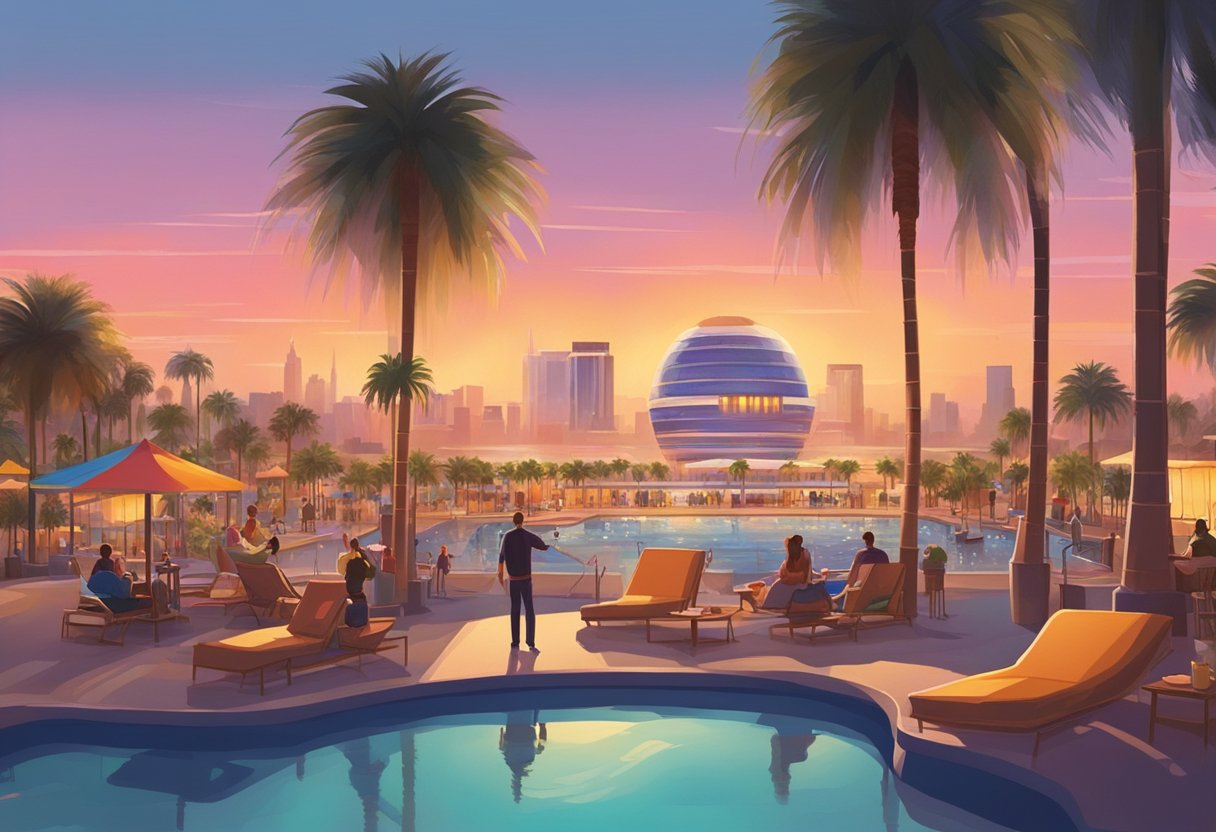 People lounging by pool, sipping drinks. Palm trees sway in breeze. Theme park rides in distance. Sun sets over skyline